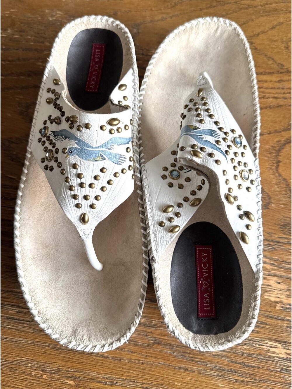 Lisa Vicky Women 8M White Bird Studded Jeweled Thong Sandals Boho Western